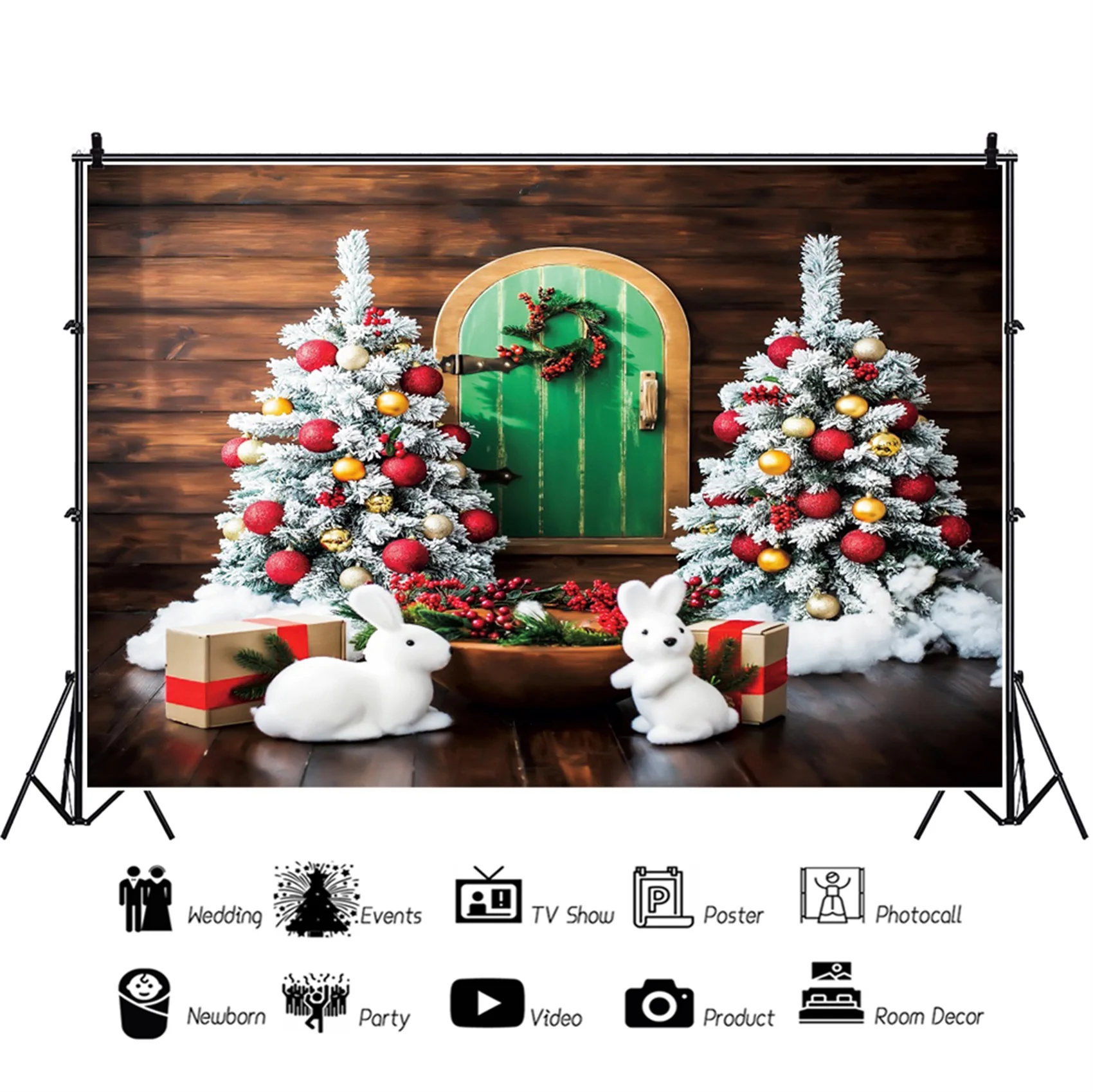 ต้นคริสต์มาสสีขาวกระต่ายไม้ประตูสีเขียวของขวัญเด็กวันเกิดภาพพื้นหลังถ่ายภาพฉากหลังสำหรับ Photo Studio