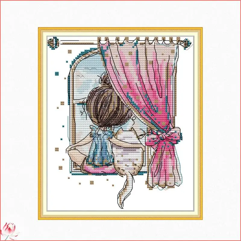 Joy Sunday Little Girl And Fat Cat Cross Stitch Kits Ecological Cotton Stamped Printed 14 11CT DIY Easy To Use Home Decoration