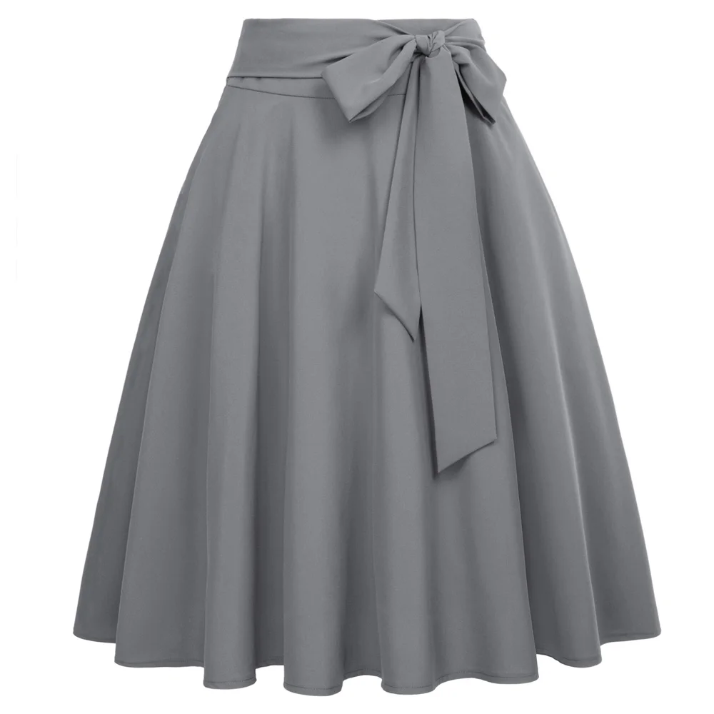 Womens Solid High Waist Tied Front Pleated Short Midi A-Line Skirt Black