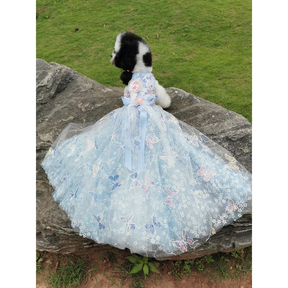 Dog Dress Handmade 2023 Lace Dresses High-end Green Peacock Trailing Princess Wedding Dresses Dogs Skirt Photography Long Skirt