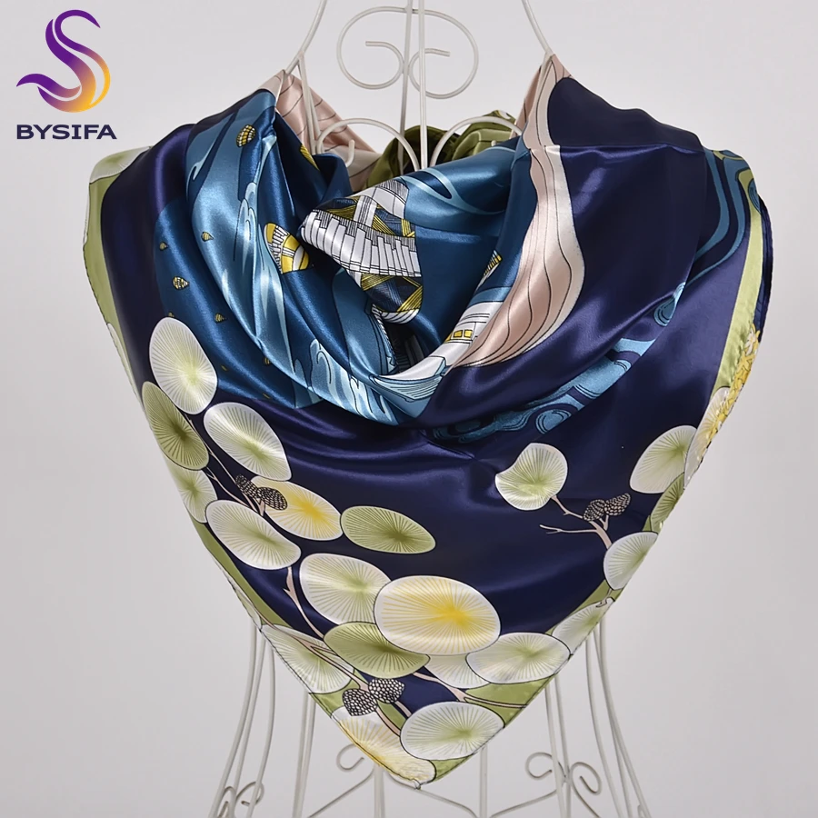 BYSIFA  Blue Green Silk Scarf Shawl Ladies Accessories Fashion Brand Square Scarves New Elegant Female Head Neck Scarves Hijabs