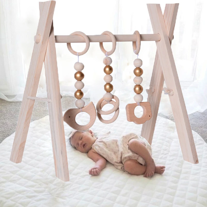 Nordic Style Wooden Baby Gym With 3 Gym Toys Foldable Baby Play Gym Hanging Bar Nursery Sensory Toy Newborn Gift