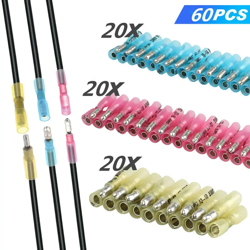 

60PCS Waterproof Heat Shrink Bullet Female Male Electrical Wire Connectors Splice Crimp Terminals Kit 10-22AWG