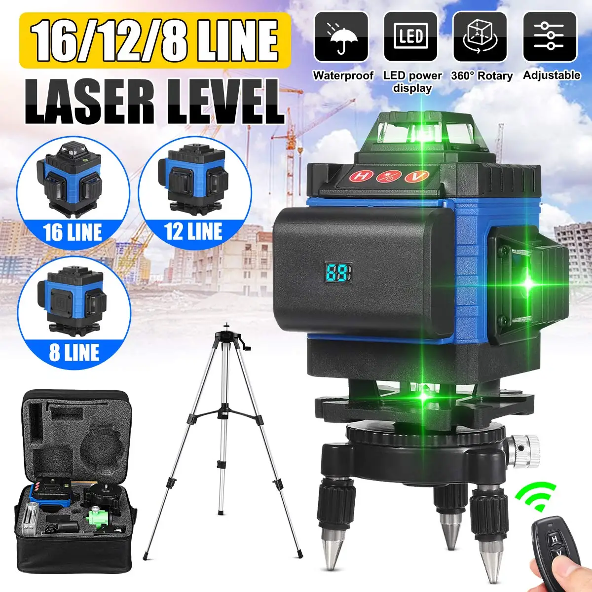 Green Laser Level 4D 8/12/16 Lines Professional Self-Leveling 360 Horizontal Vertical Green Laser Beam Line Build Measuring Tool