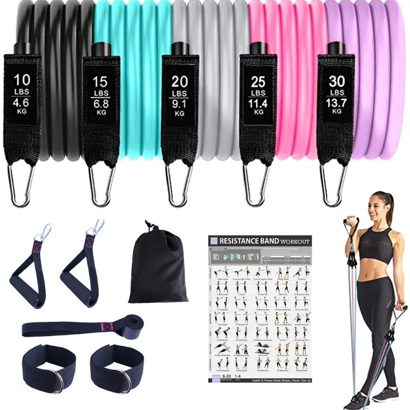 11Pcs 100/150lbs Women Resistance Bands Set Fitness Exercise Bands Home Bodybuilding Workout Training Pull Rope Gym Equipment