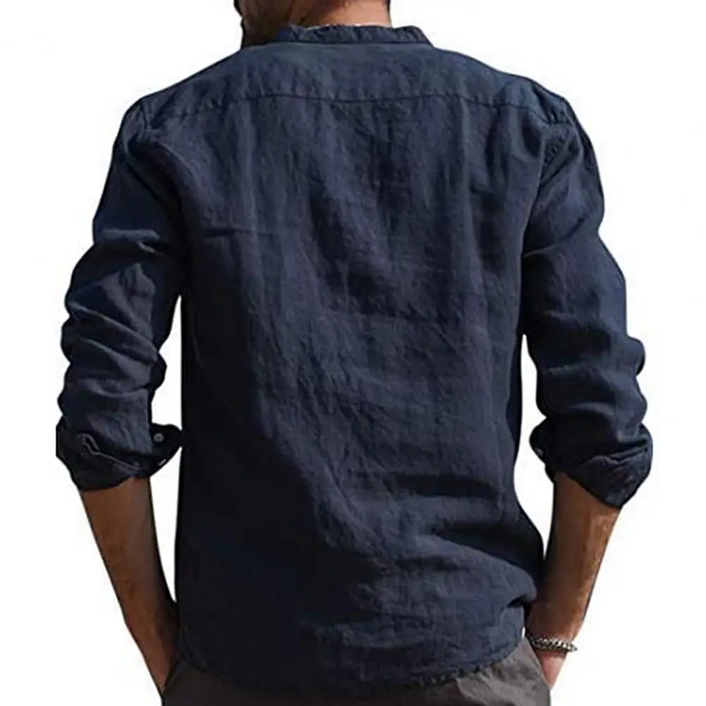 Camisas informales para hombre, camisa de manga larga con cuello en V, Color sólido, bolsillo con botones, Top de algodón y lino, amigable con la