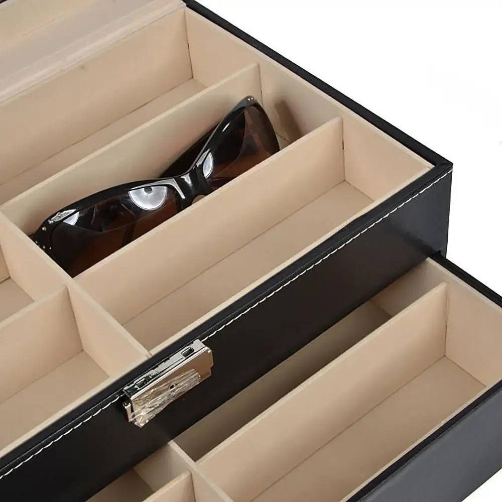 12 Grids Black Sunglass Organizer Leather Eyeglasses Collector Double-Layer Eyewear Display Case Lockable Storage Box