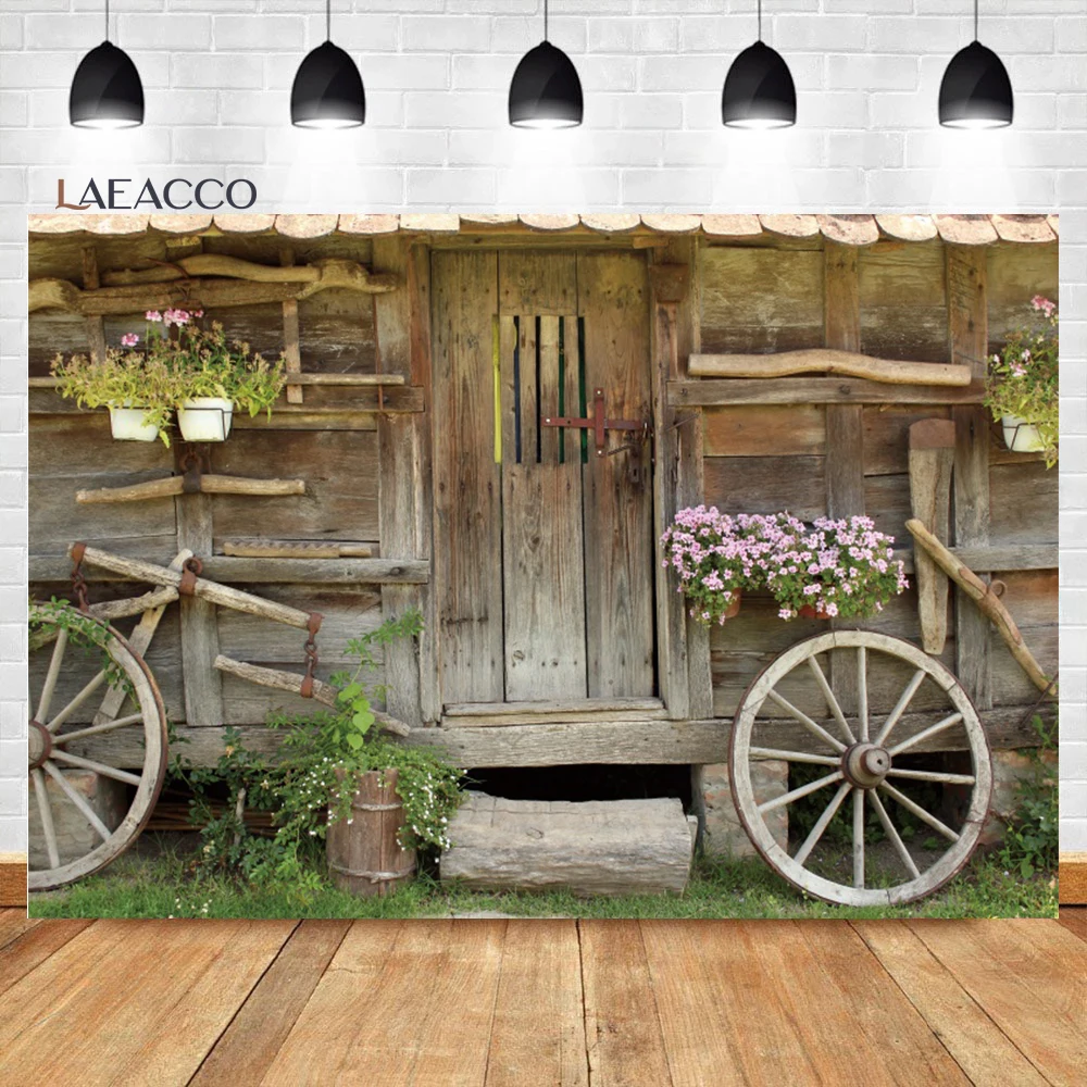 Laeacco Rustic Wood House Photocall Photography Background Spring Flower Old Wheel Kids Adult Portrait Backdrop for Photo Studio