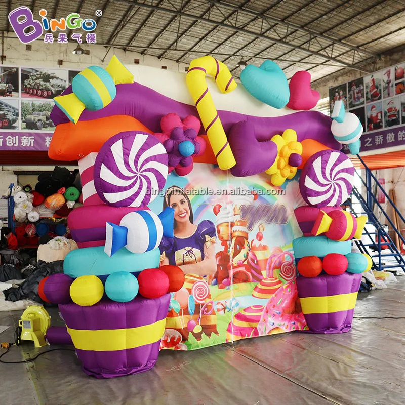 

Custom Advertising Colorful Rainbow Inflatable Candy Arch with Door Curtain 4x3 Meters Archway Advertising for Event Decoration