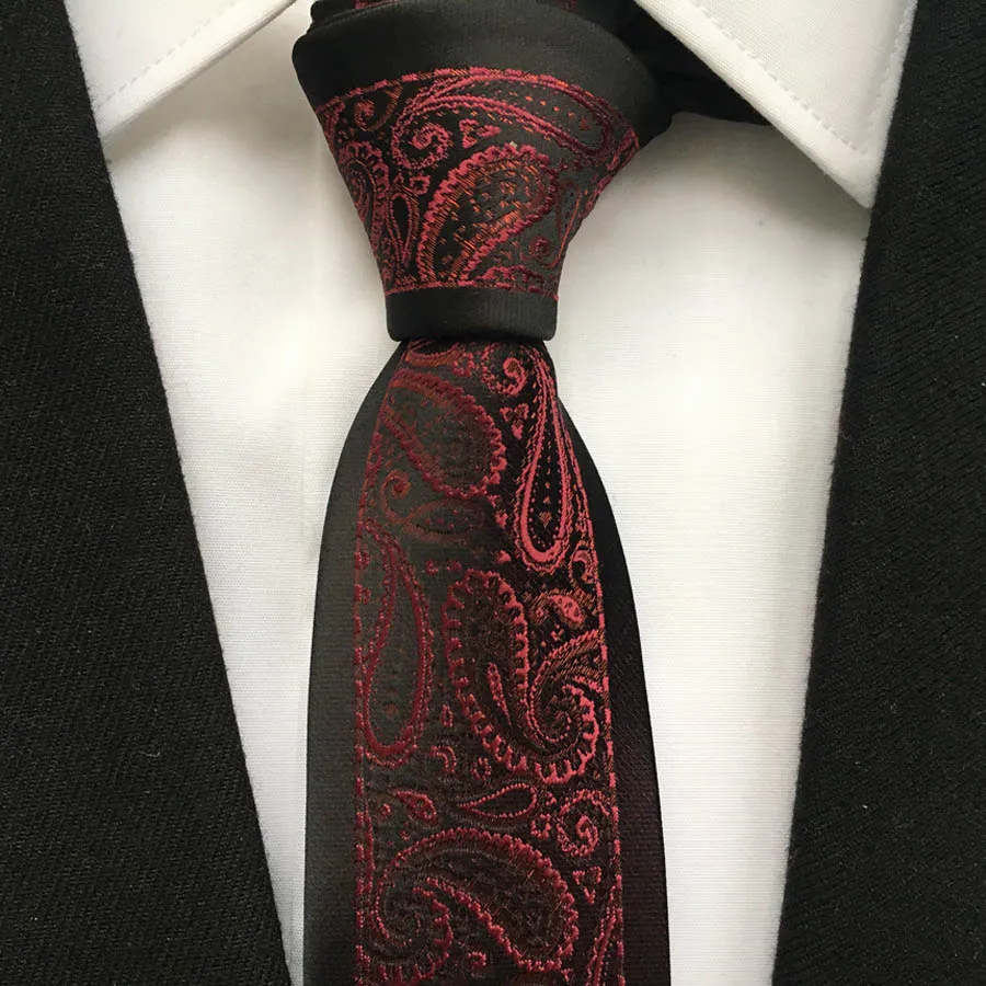 Men's Ties Designer High Craft Panel Neck Tie Black Border with Burgundy Red Paisley Embroidered Cravates