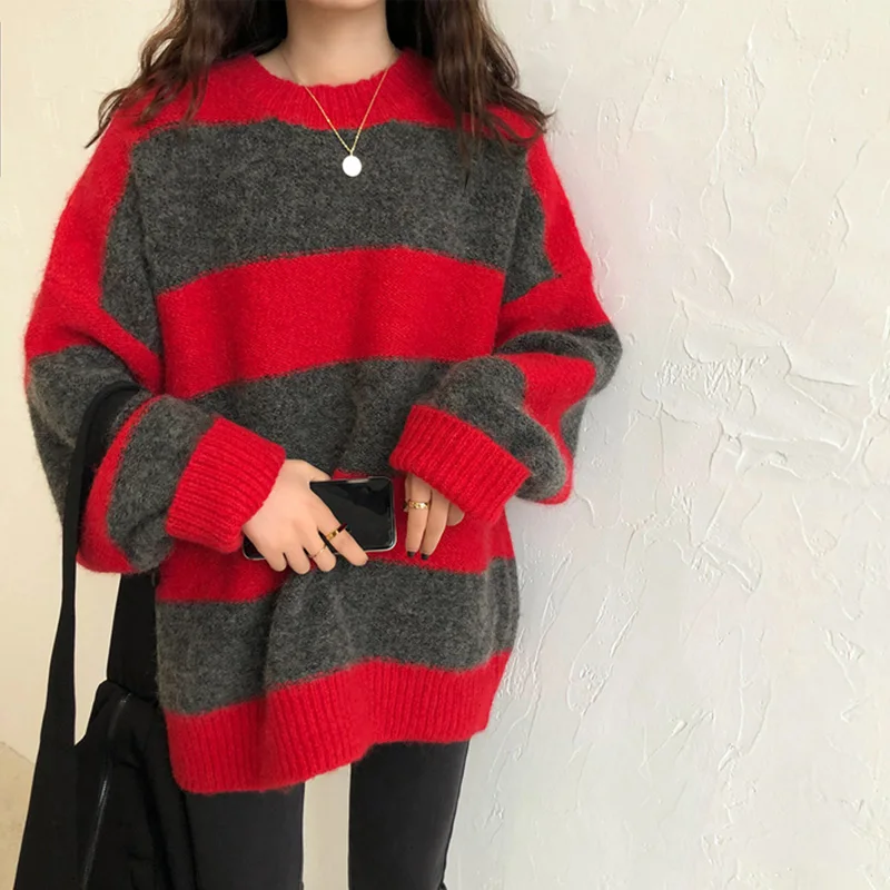 Women Knitted Striped Sweater Winter Casual Long Sleeve Pullover O-Neck Oversized Streetwear Sweater Warm Sueter Mujer