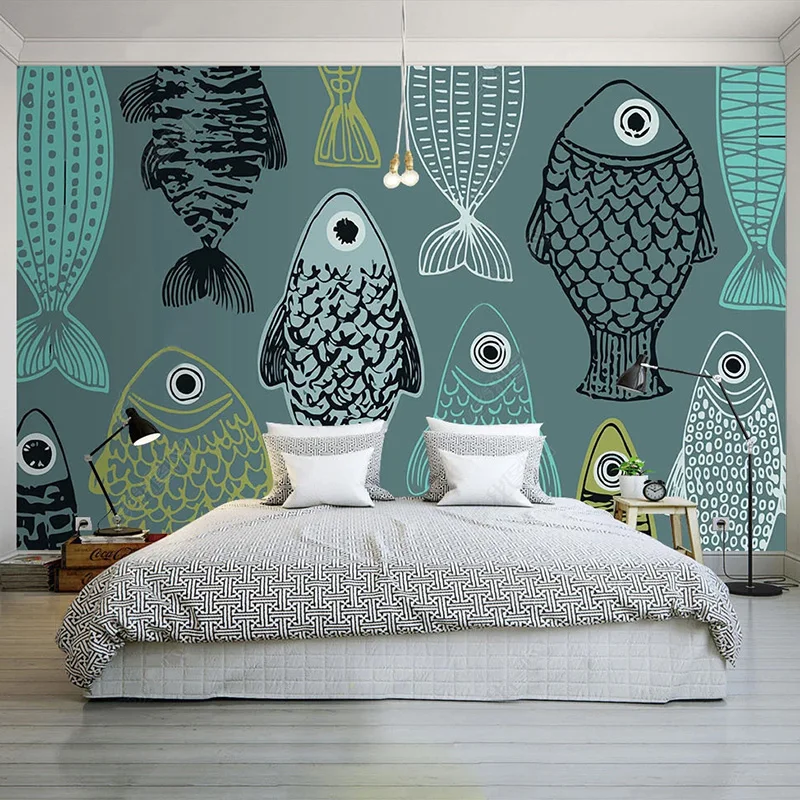 Custom Self-Adhesive Wallpaper Modern Simple Hand-Painted Fish Cartoon Mural For Children's Bedroom 3D Waterproof Sticker Tapety