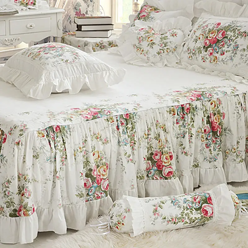 Imagem -03 - Conjunto de Cama Estampado Flores Brancas Coreano Princesa Lace Ruffles Capa de Edredão de Algodão Saia de Cama Colcha Fronhas Tecido Caseiro