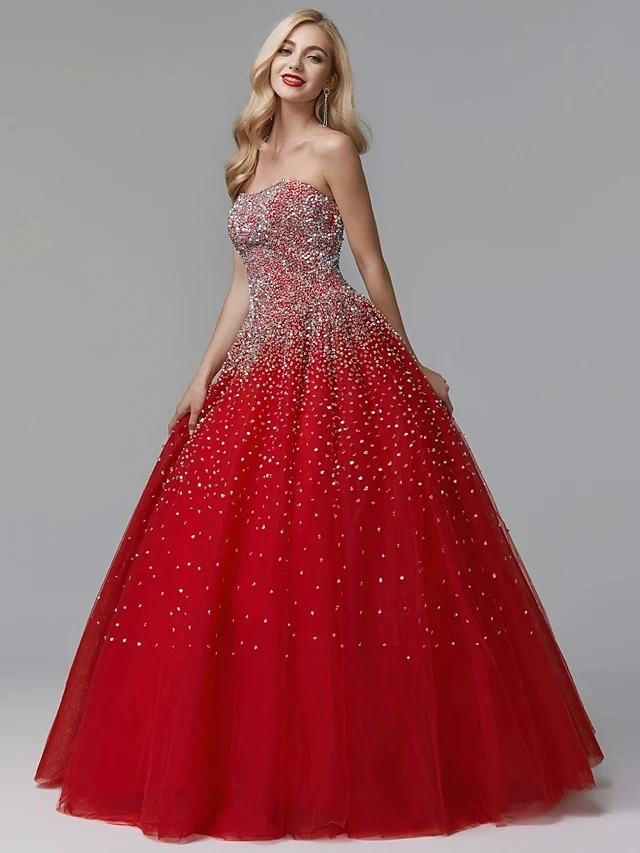 Vestido De baile rojo De lujo para quinceañera, vestido Formal sin tirantes con cuentas hasta el suelo, princesa dulce 16, 15 Años, 2024