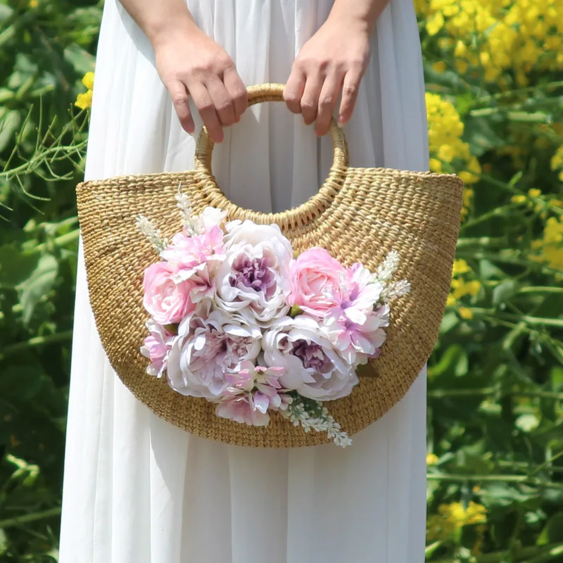 Sac de plage en rotin pour femme, ensemble de chapeau de vacances, sac à main fourre-tout en paille, tissage de fleurs artificielles multicolores,