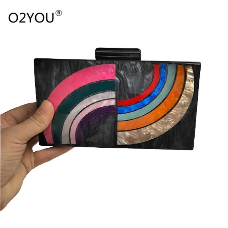 

pearl black with colorful rainbows Acrylic Box Wallet Big Card Holders Wallet Handbag Purse Clutch Messenger Shoulder Straps Bag