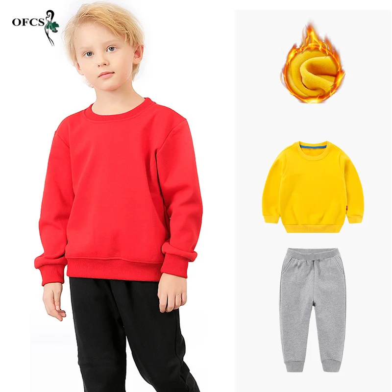 Retail Baby Boy Girl Clothes Winter Plus Velvet Hooded Sweatshirts Suit Kids Knitted Pullovers +Pants 2Pcs/Set Unisex Tracksuits