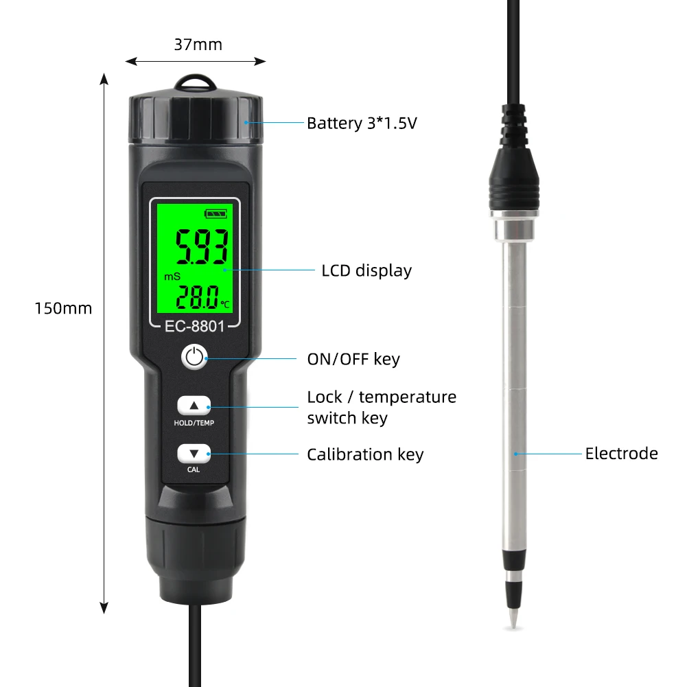 Digital EC/Temperature Soil Tester Meter Backlit LCD Display Removable Electrode Waterproof Measurement for Farm Garden Planting