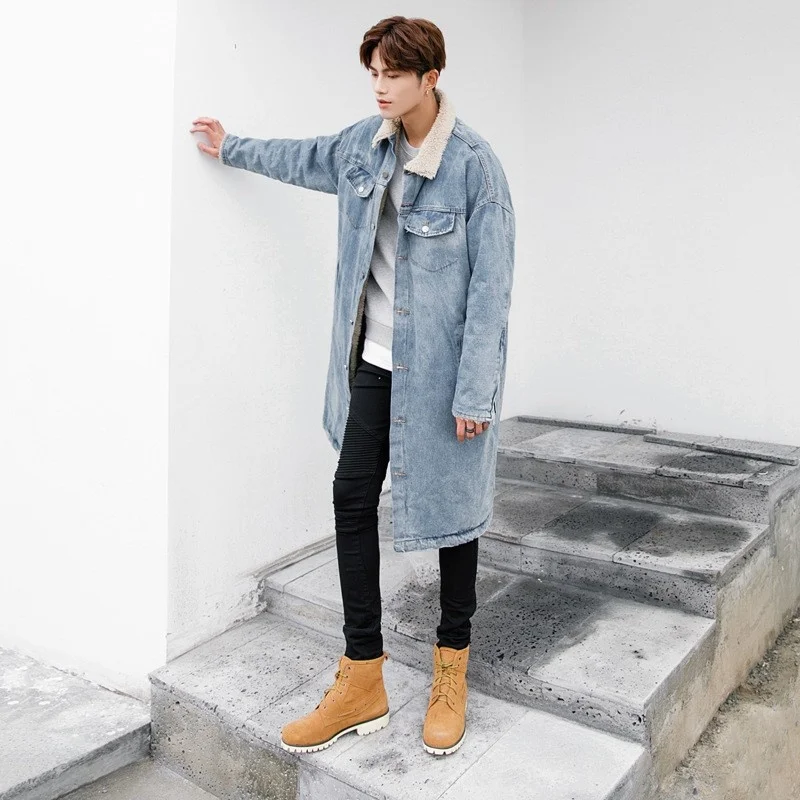 

Winter Harajuku Fleece Lining Denim Long Jacket Mens Cargo Parkas Turn-Down Collar Single Breasted Overcoat Thick Men Outerwear