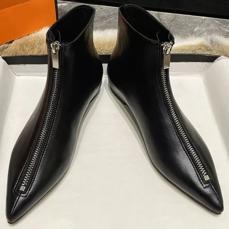 2024 New Flats Sexy Women Pointed Toe Ankle Boots British Woman Footwear Female Shoes Wedge Boots New Zipper Design Short Boots