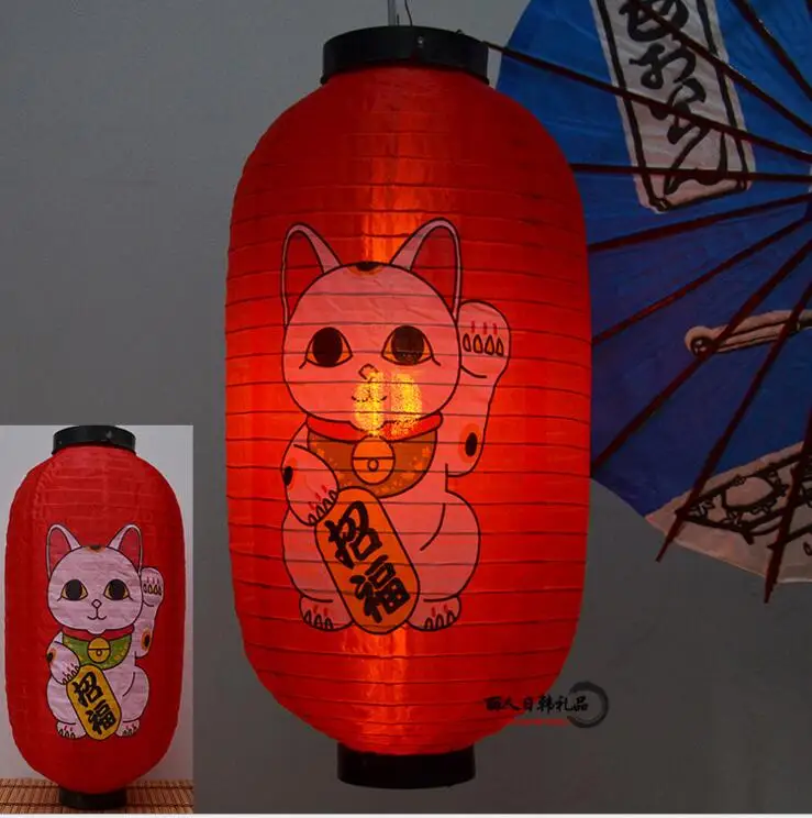 

Red Color Japanese Style Silk Lantern Lucky Cat design Waterproof Paper Lamp Hanging Light Satin Bar Decor Pub House Decor
