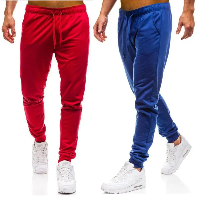 

Dropshipping Men Joggers Elastic Waist Long Trousers Brand Fashion Casual Solid Color Fitness Workout Sweatpants Blue Red
