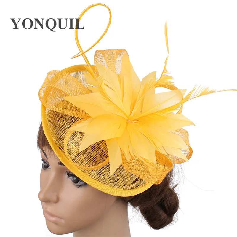 Gele Sinamay Mode Hoofddeksel Voor Elegante Bruids Bruiloft Hoofddeksels Veer Bloem Hoofddeksel Mariage Bruid Fascinators Hoed