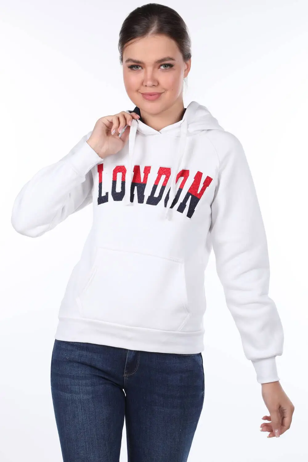 London Appliqués White Hooded Women Sweatshirts