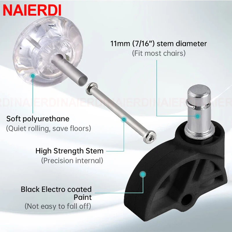 NAIERDI 5PCS Office Chair Caster Wheels 2inches Swivel PU Soft Safe Rollers Transparent Furniture