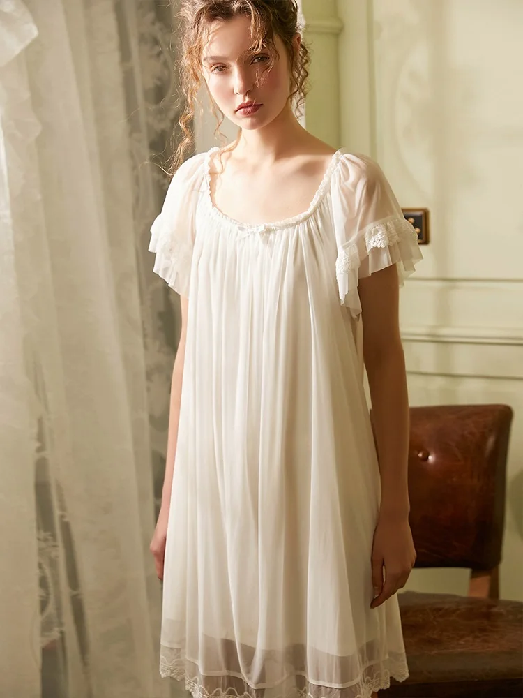 Camisones largos Vintage de manga corta para mujer, ropa de dormir de princesa de gasa, vestido holgado de verano