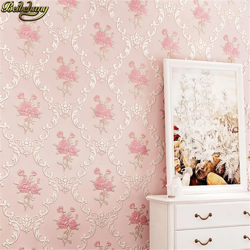 Beibehang-papel tapiz autoadhesivo europeo no tejido, rollo de papel de pared Rosa 3D para jardín, dormitorio, sala de estar, Fondo de TV, 53x300cm