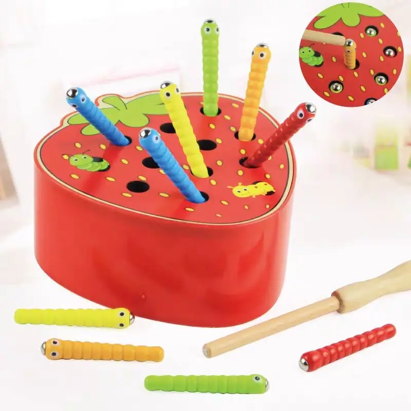 Montessori Baby Toys Wooden 3D Puzzle Educational Toys Magnetic Strawberry Apple Catch Worm Color Cognitive Fine Motor Skill Toy