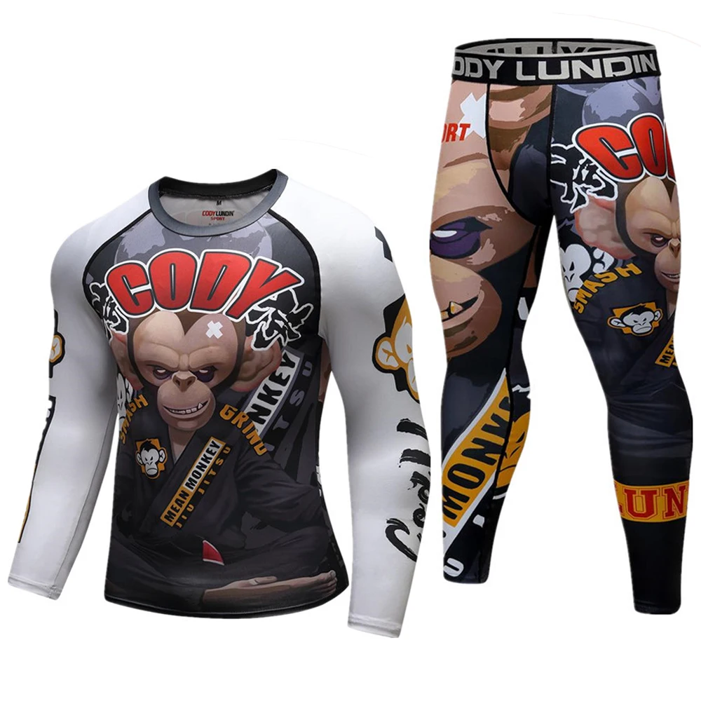 MMA T-shirts +Pants 3D Monkey Printed Fightwear Muay Thai Bjj Rashguard MMA Compression KickBoxing Tight Trousers Boxing  Sets