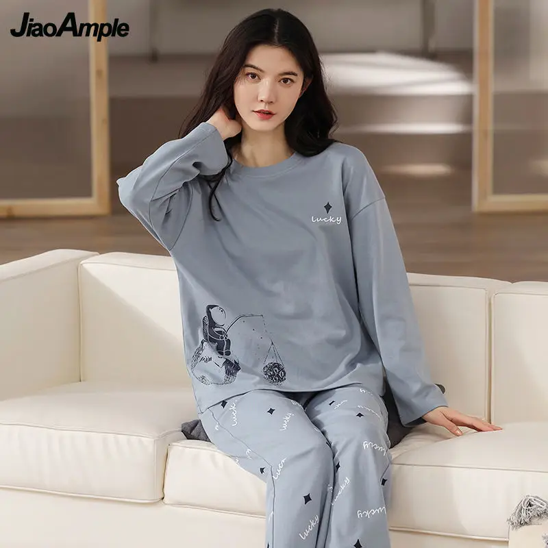 Women Pajamas 2022 Spring Autumn New Cotton Long-sleeved Trousers Pijamas Two-piece Female Cartoon Nightie Home Clothes Set