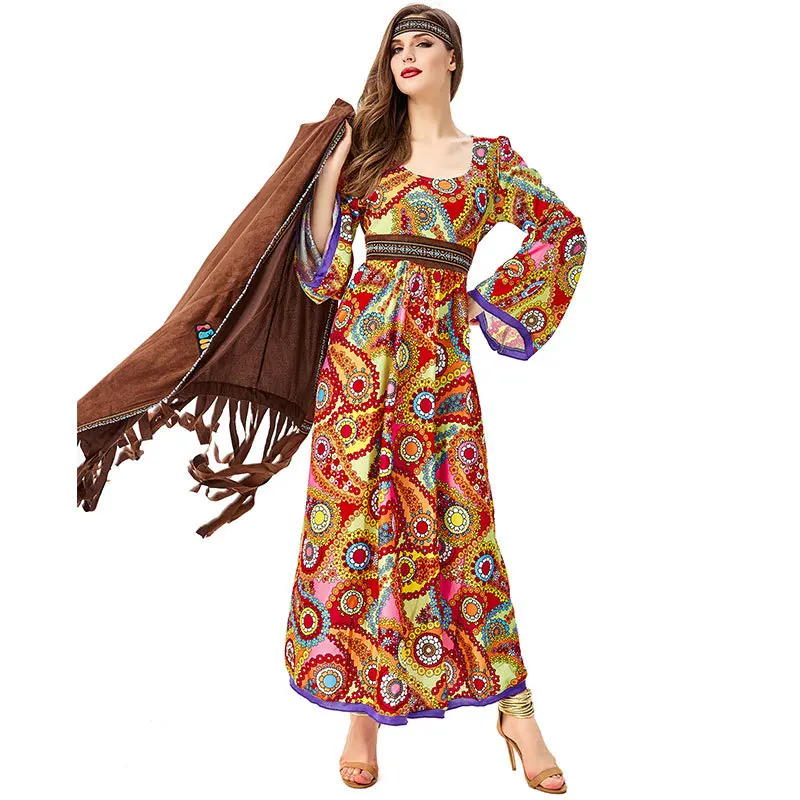 New Women's 70s Retro Disco Hippie Costume Halloween Carnival Party Cosplay Primitive Tribe Princess Costume