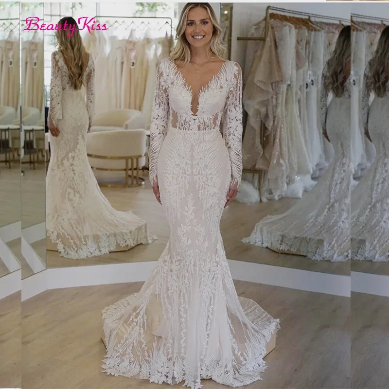 Luxe Mermaid Wedding Dress V-hals Lange Mouwen Kant Applicaties Pailletten Backless Sweep Trein Bruid Toga Vestidos De Noiva