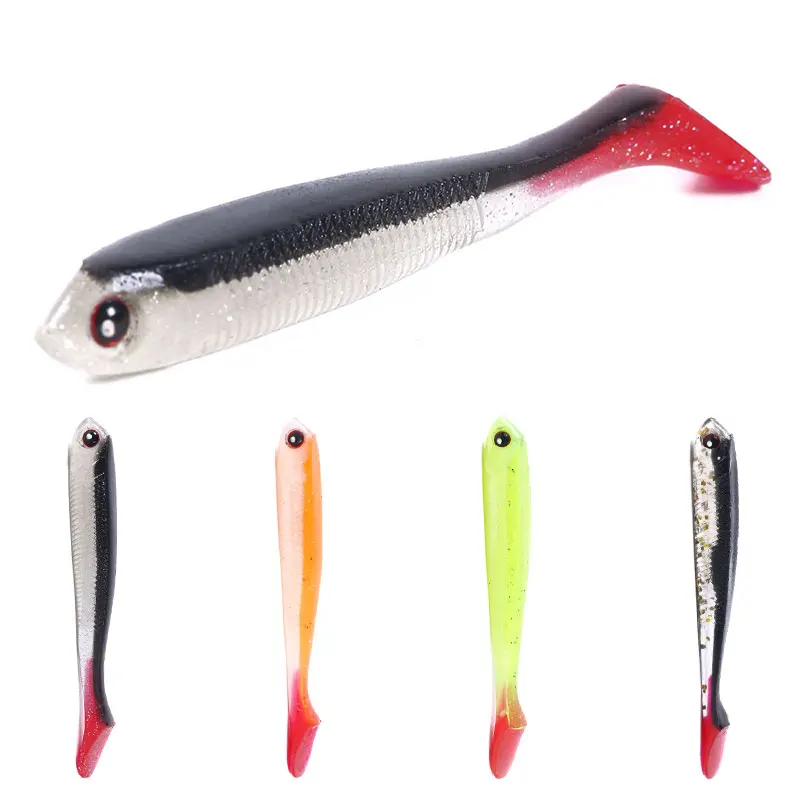 HENGJIA 5pcs T-tail Soft Fishing Lure Silicone Bionic Bass Pike With 3D Eyes Artificial 4colours Fishing Tool