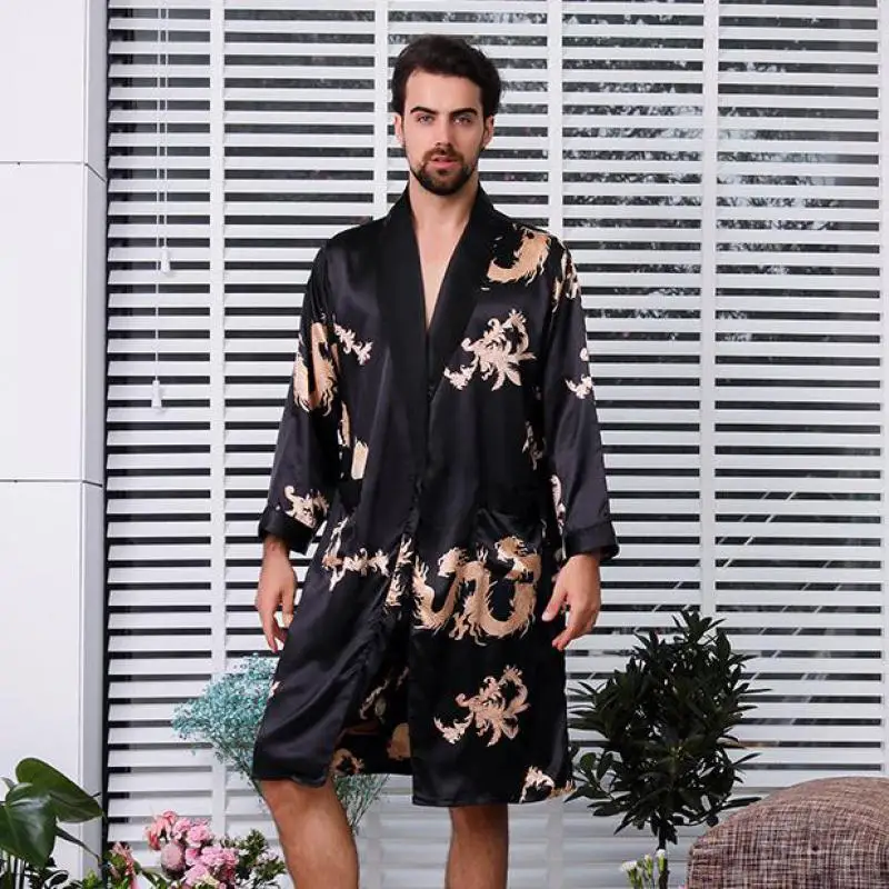 Large Size 4XL 5XL Men Satin Robe Set Dragon Print 2PCS Sleepwear Silky Nighty&Robe Set Male Casual Kimono Gown Loose Home Wear