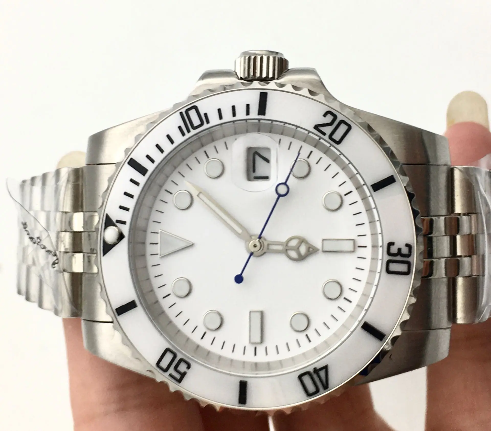 40mm branco dial data luminoso relógio automático relógio masculino cerâmica moldura relógio mecânico prata jubileu cinta