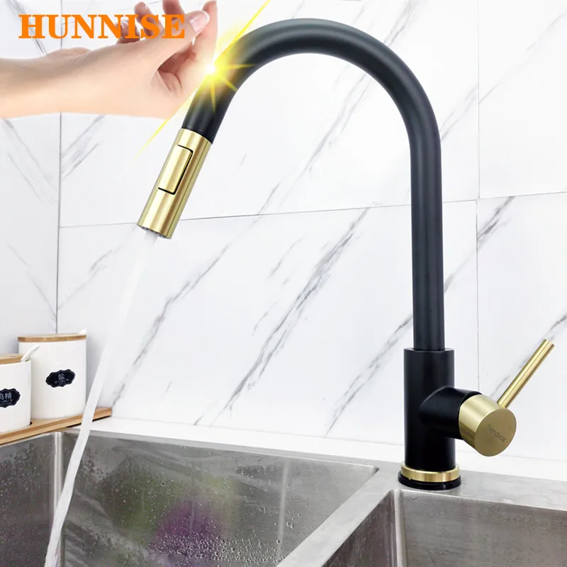 

Touch Kitchen Faucet HUNNISE Black Gold Pull Out Kitchen Sink Faucet Smart Touch Control Kitchen Mixer Tap Sensor Kitchen Faucet