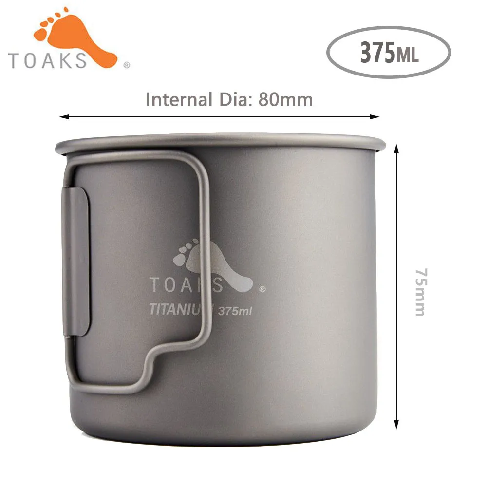 TOAKS Pure Titanium Cup Ultralight Outdoor Coffee Tea Mug without Lid and Foldable Handle Camping Cookware 375ml 50g CUP-375