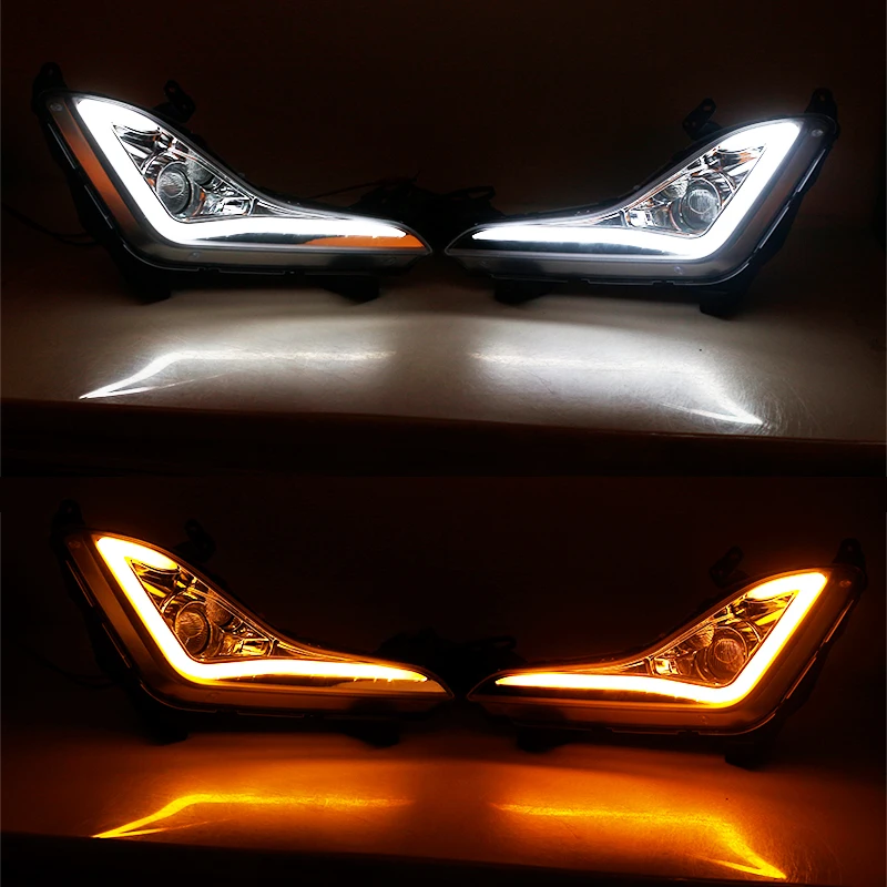 2PCS LED DRL With Yellow Turn Singal Light Fog Lights Car Front Bumper Daytime Lamp Headlight For Hyundai Elantra 2014 2015