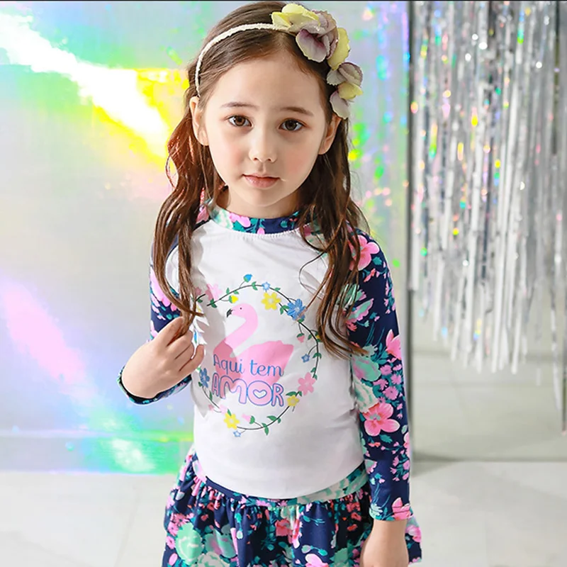 Girl\'s Swimsuit Skirt Two Piece Kids Long Sleeve Swimwear Two Piece Rashguard Children Swimsuits 3 To 11Year Old Bathing Suits