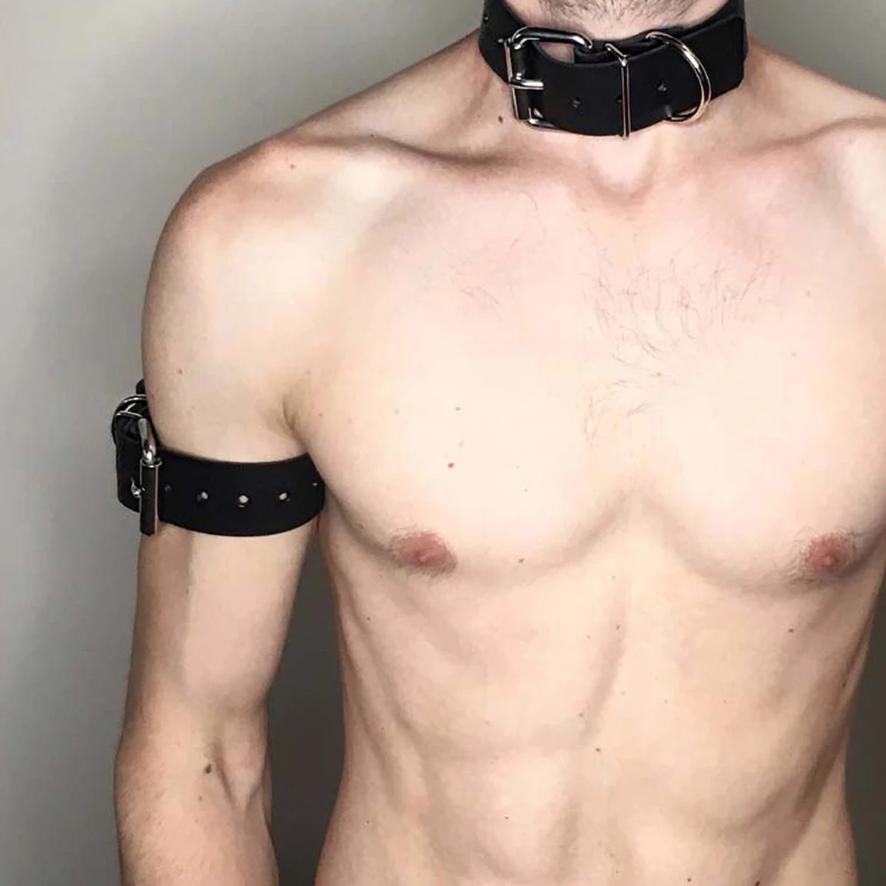 Men Black Faux Leather Arm Rings Collar Harness Gothic Punk Clothing Male BDSM Bondage Restraint Set Costume Fetish Gay Clubwear