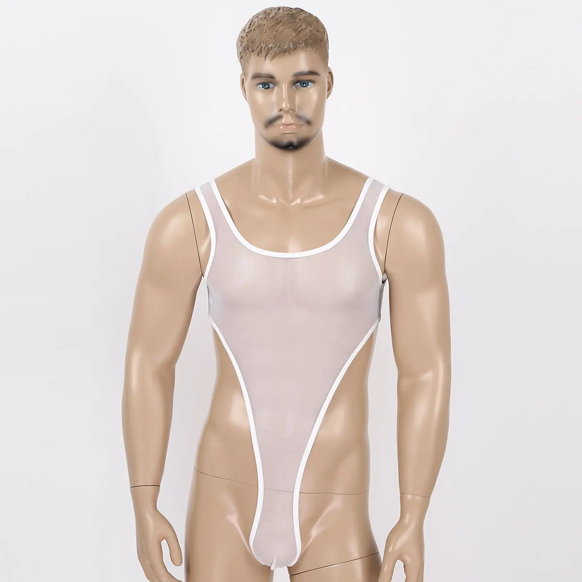 Men One-piece Bodysuit Sheer Mesh See Through Lingerie Sleeveless High Cut Thong Leotard Jumpsuit Tank Wrestling Singlet Bodysui