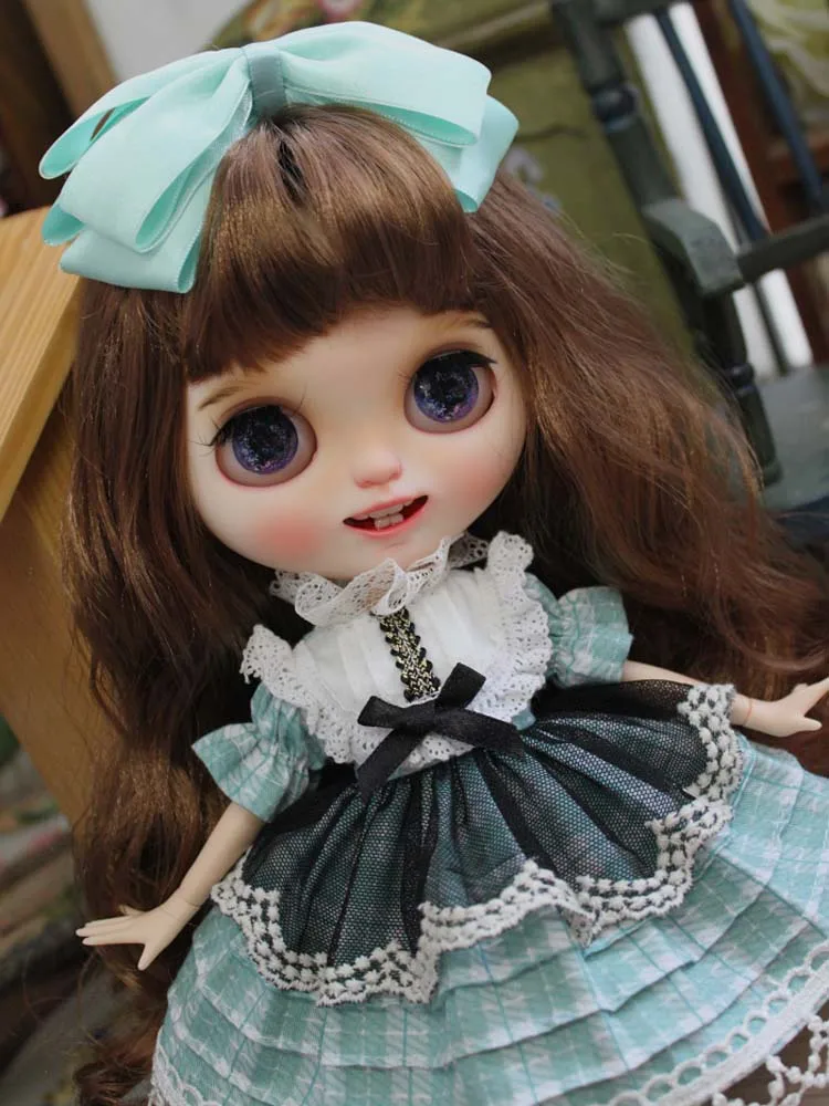 Blyth doll clothes blue check dress + hair clips bowknot for Blyth small dress doll accessories doll clothes