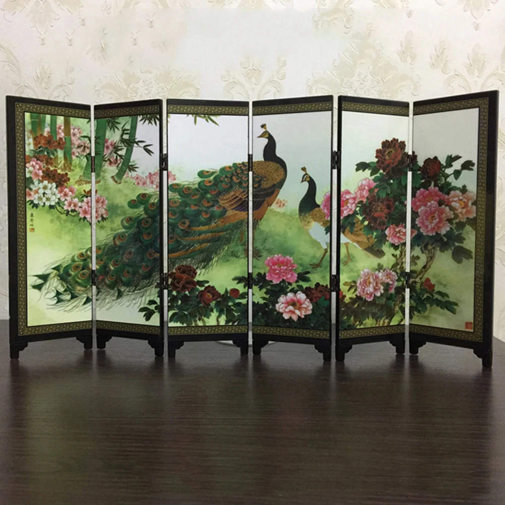 Chinese Style Wooden Decorative Screen 6-Panel Peacock Folding Screen Room Divider Folding Partition Screens Decoration for home