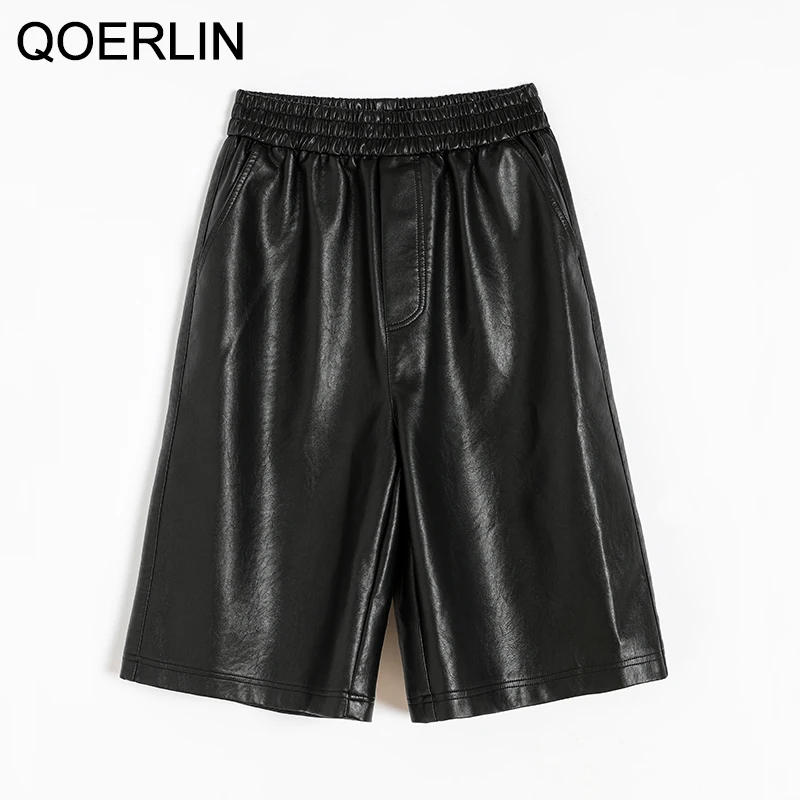 QoerliN-pantalones cortos de cuero sintético para mujer, ropa de calle informal de cintura alta, pierna ancha, prendas de vestir exteriores