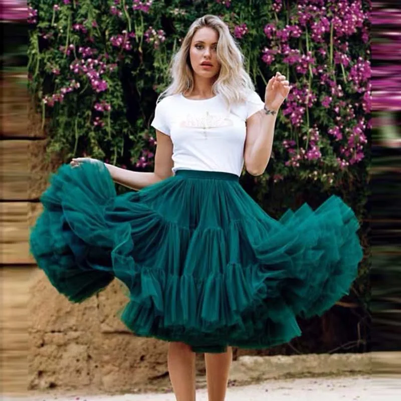 2020 Pretty Puffy Teal Mid-Calf Tulle Skirts Women Elastic Fashion Bridal Bridesmaid Tulle Skirt Ruffles Tutu Saias