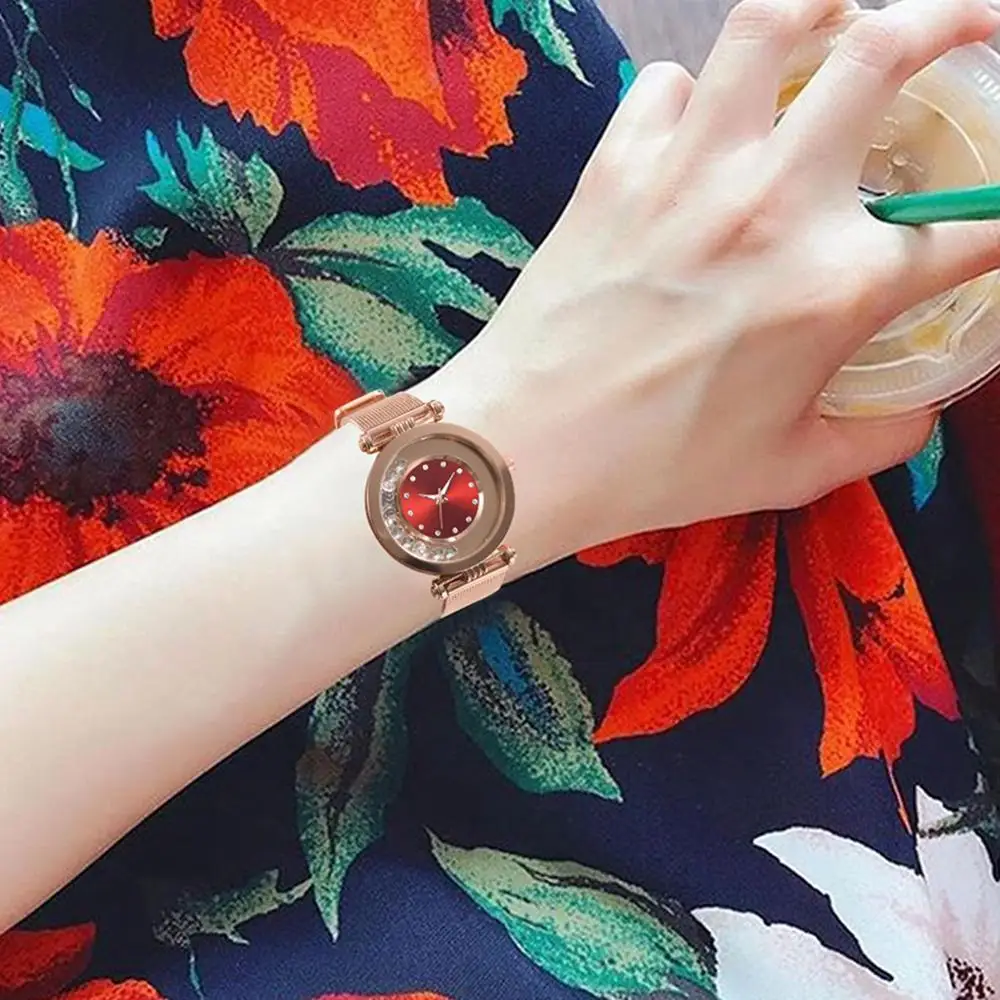 Jam Tangan Kuarsa Analog Tali Jaring Aloi Dial Jam Bundar Bola Berlian Imitasi Modis Jam Tangan Gaun Wanita Hadiah Mewah Natal